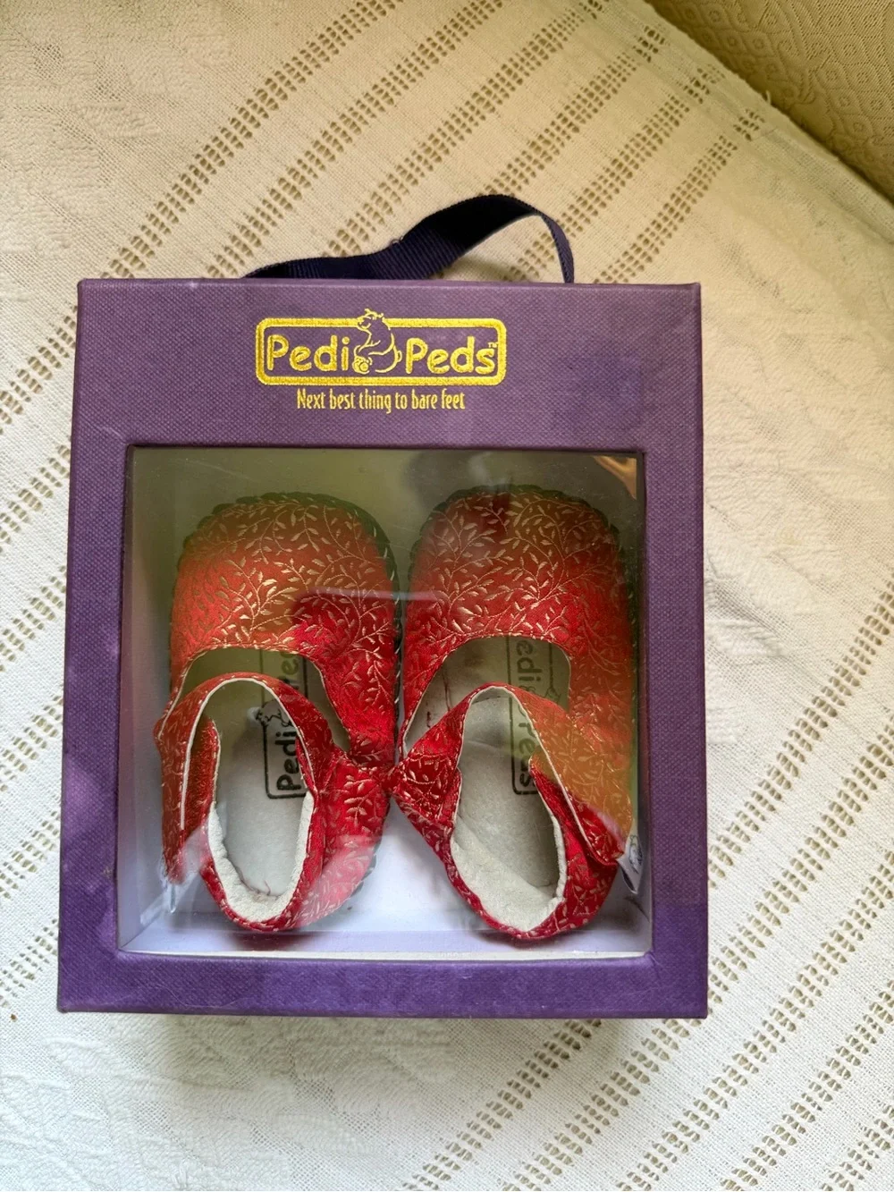 pediped Red Mary Jane Moccasins with Gold Embroidery